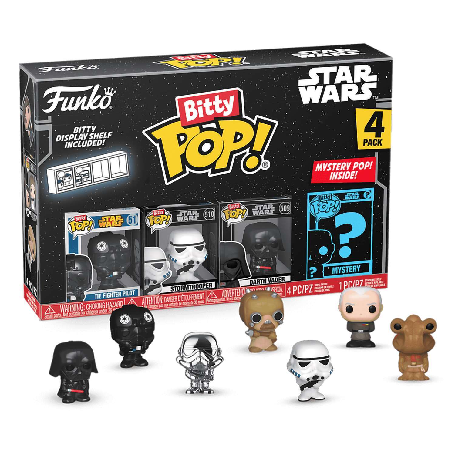 картинка Фигурка Funko Bitty POP! Star Wars S4 Darth Vader+Pilot+Stormtrooper+Mystery (1 of 4) 4PK 71514 магазин Одежда+ являющийся официальным дистрибьютором в России 