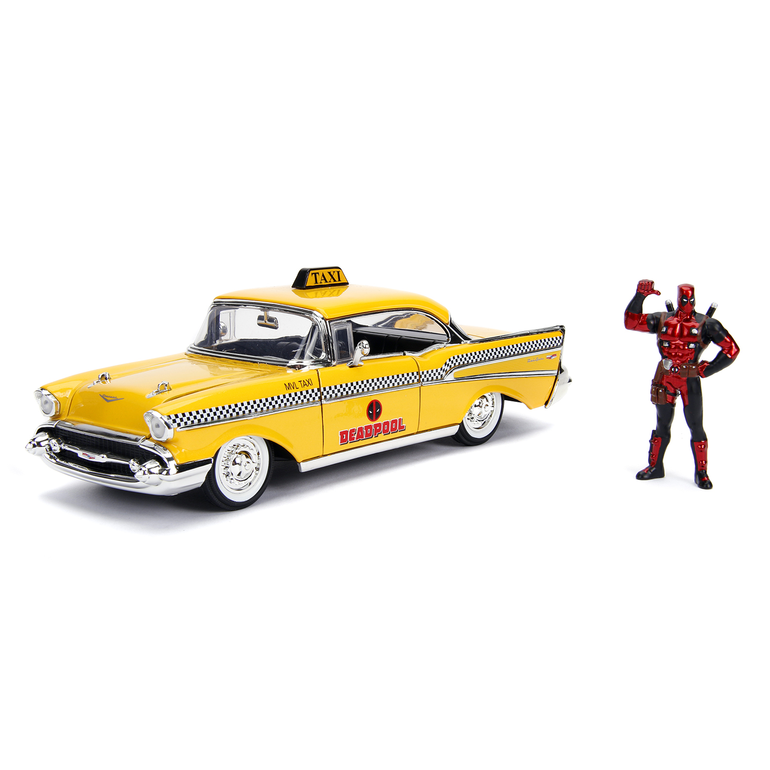 картинка Набор Hollywood Rides Машинка с Фигуркой 2.75" 1:241957 Chevy Bel Air-Hard Top W/Deadpool Figure 30290 магазин Одежда+ являющийся официальным дистрибьютором в России 